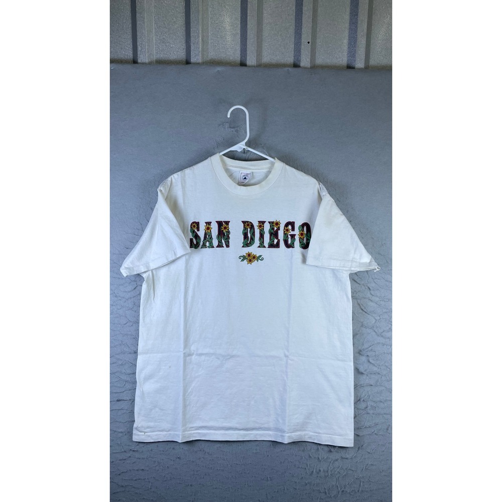 Delta San Diego T-Shirt Mens L White Good Vintage Floral Souvenir Made in USA